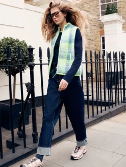 Next Fluro Green/Blue Check Zip-Up Knitted Brushed Gilet Hot