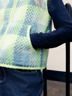 Next Fluro Green/Blue Check Zip-Up Knitted Brushed Gilet Hot