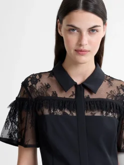 French Connection Black Miles Lace Mix Midi Dress Sale
