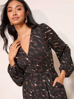 Friends Like These Petite Long Sleeve Tie Waist Button Up Textured Midi Dress Animal Best