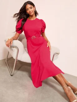 Friends Like These Ruched Short Sleeve Belted Midi Dress Berry Red Hot