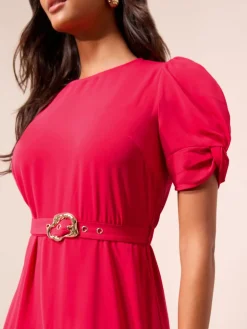 Friends Like These Ruched Short Sleeve Belted Midi Dress Berry Red Hot