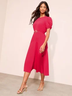 Friends Like These Ruched Short Sleeve Belted Midi Dress Berry Red Hot