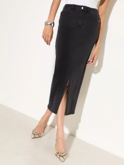 Friends Like These Petite Split Front Denim Midi Skirt Black Sale