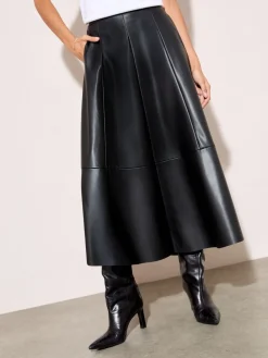 Friends Like These Black Petite Faux Leather Midi Skirt Outlet