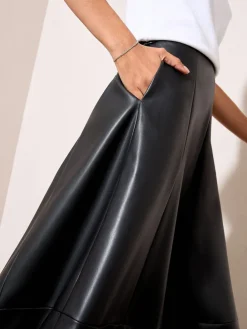 Friends Like These Black Petite Faux Leather Midi Skirt Outlet