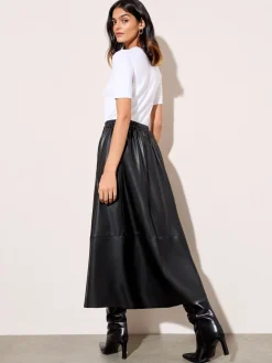 Friends Like These Black Petite Faux Leather Midi Skirt Outlet