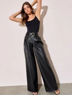 Friends Like These Faux Leather Pleated Wide Leg Trousers Black Outlet
