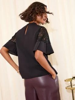 Friends Like These Black Lace Flutter Sleeve Blouse New