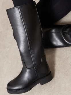 Friends Like These Standard fit Faux Leather Casual Flat Pull On Knee High Long Riding Boots Black Clearance