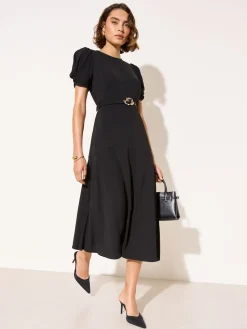 Friends Like These Ruched Short Sleeve Belted Midi Dress Black Sale