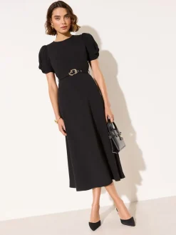 Friends Like These Ruched Short Sleeve Belted Midi Dress Black Sale