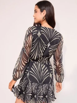 Friends Like These Black Mono Petite Long Sleeve Chiffon Pleated Hem Geo Mini Dress Clearance