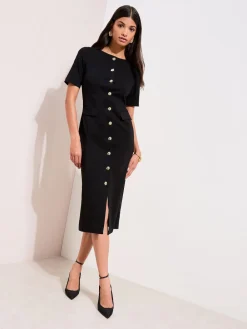 Friends Like These Sculpting Stretch Button Midi Dress Black Clearance