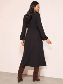 Friends Like These Long Sleeve Tie Waist Button Up Textured Midi Dress Black