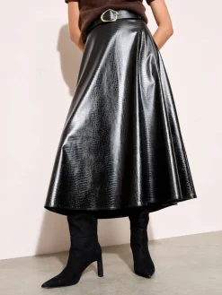 Friends Like These Black Faux Leather Belted Hem Midi Skirt Hot