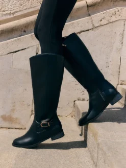 Friends Like These Knee High Buckle Rider Faux Leather Long Boots Black Outlet