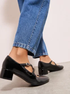 Friends Like These Black Wide Fit Faux Leather Cross Strap Low Block Heel Smart Maryjane Court Shoes Hot