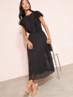 Friends Like These Black Curve Chiffon Pleated Lace Insert Midi Dress Clearance