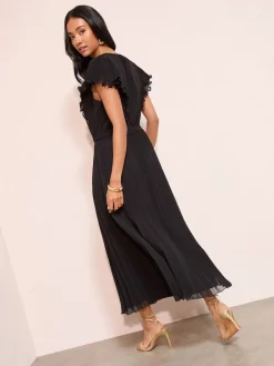 Friends Like These Black Curve Chiffon Pleated Lace Insert Midi Dress Clearance