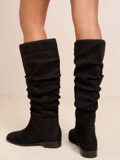 Friends Like These Black Flat Ruched Faux Suede Knee High Long Casual Boots