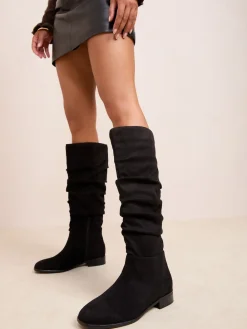 Friends Like These Black Flat Ruched Faux Suede Knee High Long Casual Boots