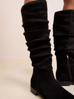 Friends Like These Black Flat Ruched Faux Suede Knee High Long Casual Boots