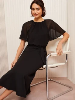 Friends Like These Black Scuba Chiffon Flutter Sleeve Midi Dress Online