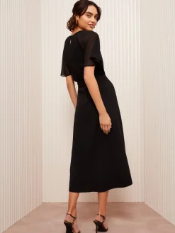 Friends Like These Black Scuba Chiffon Flutter Sleeve Midi Dress Online