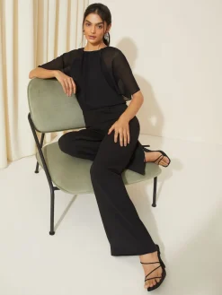 Friends Like These Chiffon Flutter Sleeve Scuba Jumpsuit Black New