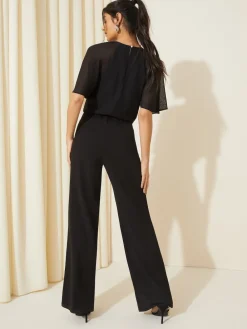 Friends Like These Chiffon Flutter Sleeve Scuba Jumpsuit Black New