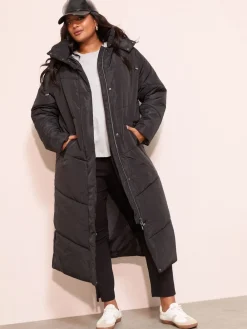 Friends Like These Black Curve Long Line Hooded Padded Coat Sale