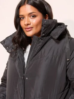 Friends Like These Black Curve Long Line Hooded Padded Coat Sale