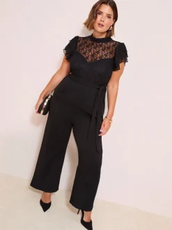 Friends Like These Black Curve Lace Scuba Mix Frill Sleeve Jumpsuit Outlet
