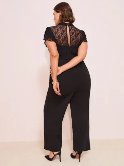 Friends Like These Black Curve Lace Scuba Mix Frill Sleeve Jumpsuit Outlet
