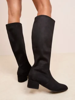 Friends Like These Wide Fit Low Block Heel Faux Suede Knee High Sock Boots Black Discount