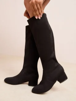 Friends Like These Wide Fit Low Block Heel Faux Suede Knee High Sock Boots Black Discount