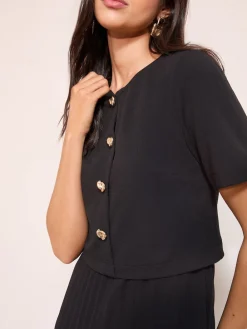 Friends Like These Button Down 2-In-1 Pleated Dress Black Clearance
