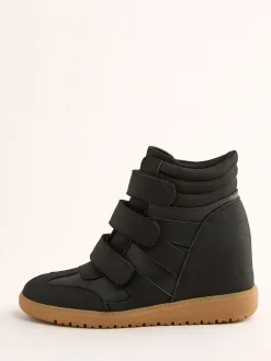 Friends Like These Black Faux Leather Velcro High Top Wedge Casual Trainers Online