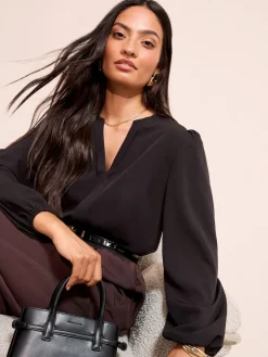 Friends Like These Long Sleeve Pleat Front Detail Blouse Black Clearance