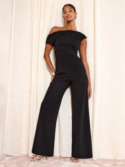 Friends Like These Petite Off The Shoulder Scuba Wide Leg Jumpsuit Black Best