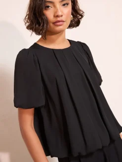 Friends Like These Short Sleeve Bubble Hem Pleated Blouse Black Online