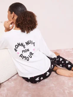 Friends Like These Black/White Bonne Nuit Heart Long Sleeve Pyjamas New