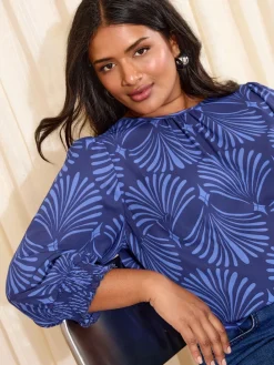 Friends Like These Curve 3/4 Sleeve Shirred Cuff Blouse Blue Fan Print Discount