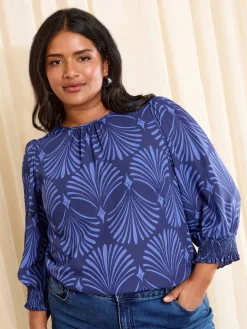 Friends Like These Curve 3/4 Sleeve Shirred Cuff Blouse Blue Fan Print Discount