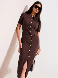 Friends Like These Sculpting Stretch Button Midi Dress Brown Hot