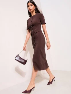 Friends Like These Sculpting Stretch Button Midi Dress Brown Hot