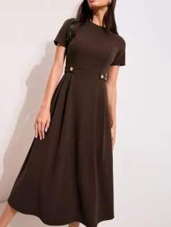 Friends Like These Petite Tab Detail Short Sleeve Midi Tailored Dress Brown