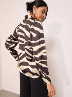 Friends Like These Long Sleeve Button Detail Collared Blouse Brown Zebra Print Outlet