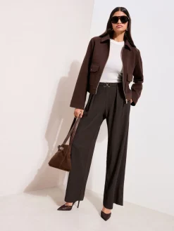 Friends Like These Petite Crinkle Jersey Wide Leg Trousers with Buckle Front Brown New
